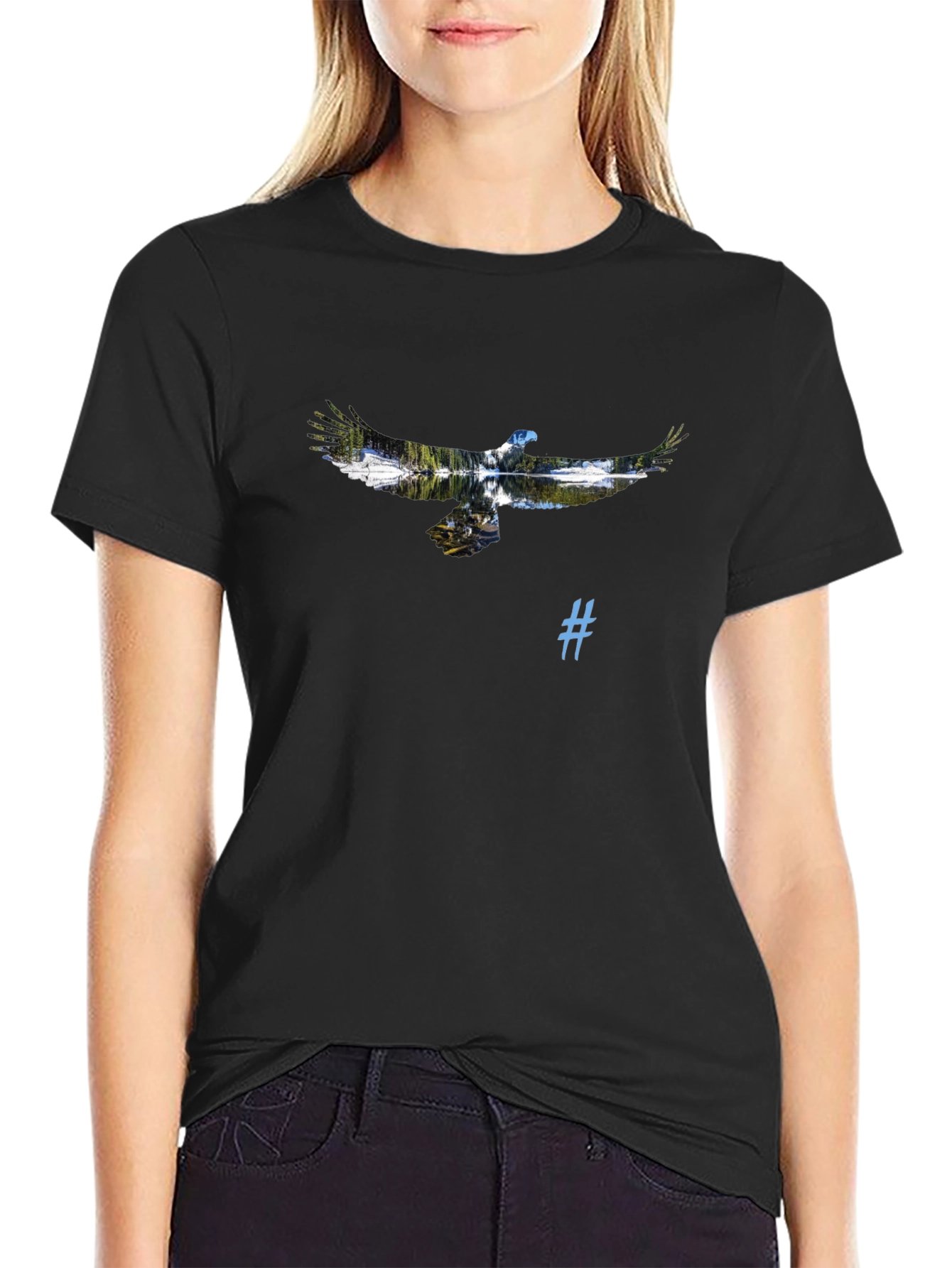 Black T-Shirt with Eagle and Nature Graphic