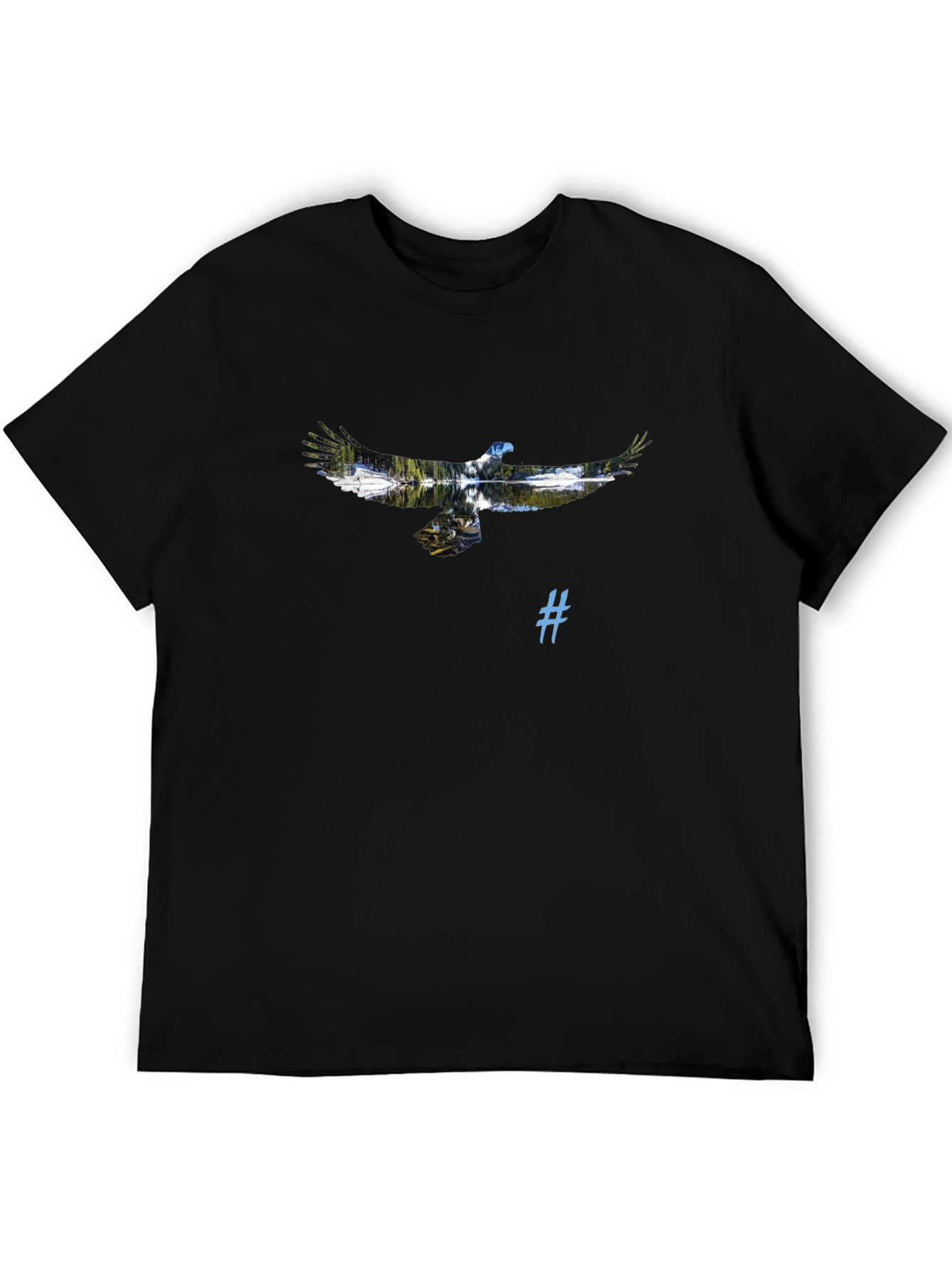 Black T-Shirt with Eagle and Nature Graphic