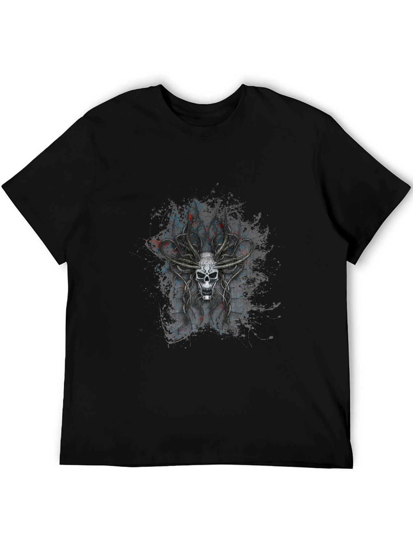 Skull Antler Graphic Print Black T-Shirt