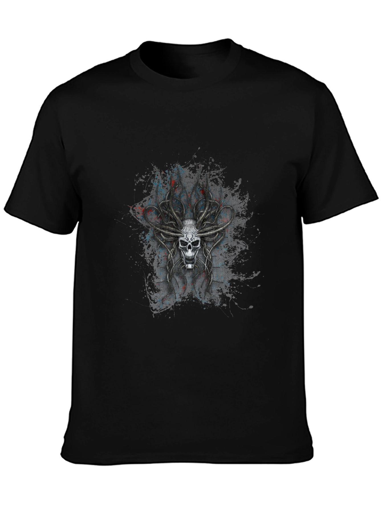 Skull Antler Graphic Print Black T-Shirt
