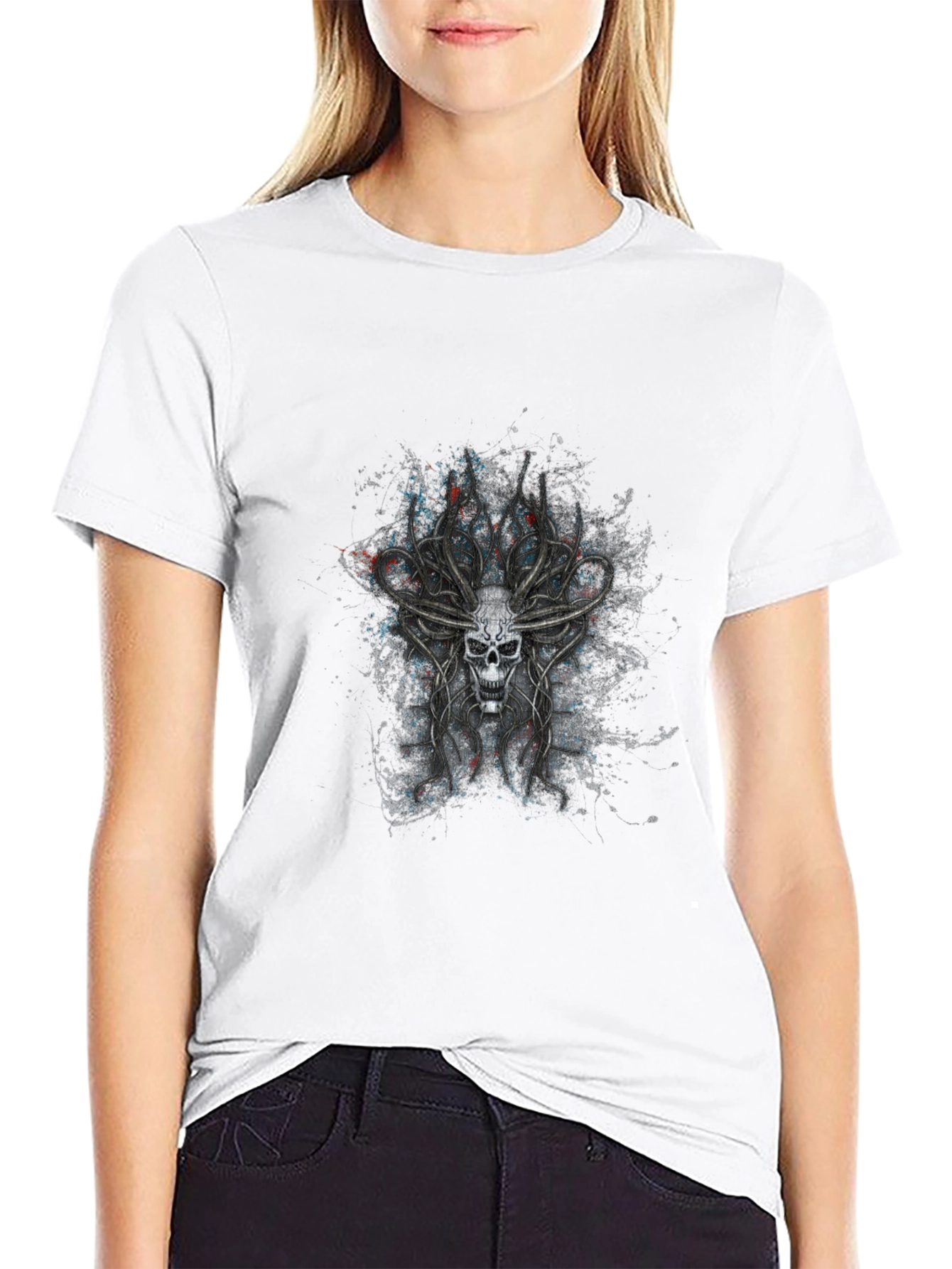 Skull Antler Graphic Print Black T-Shirt