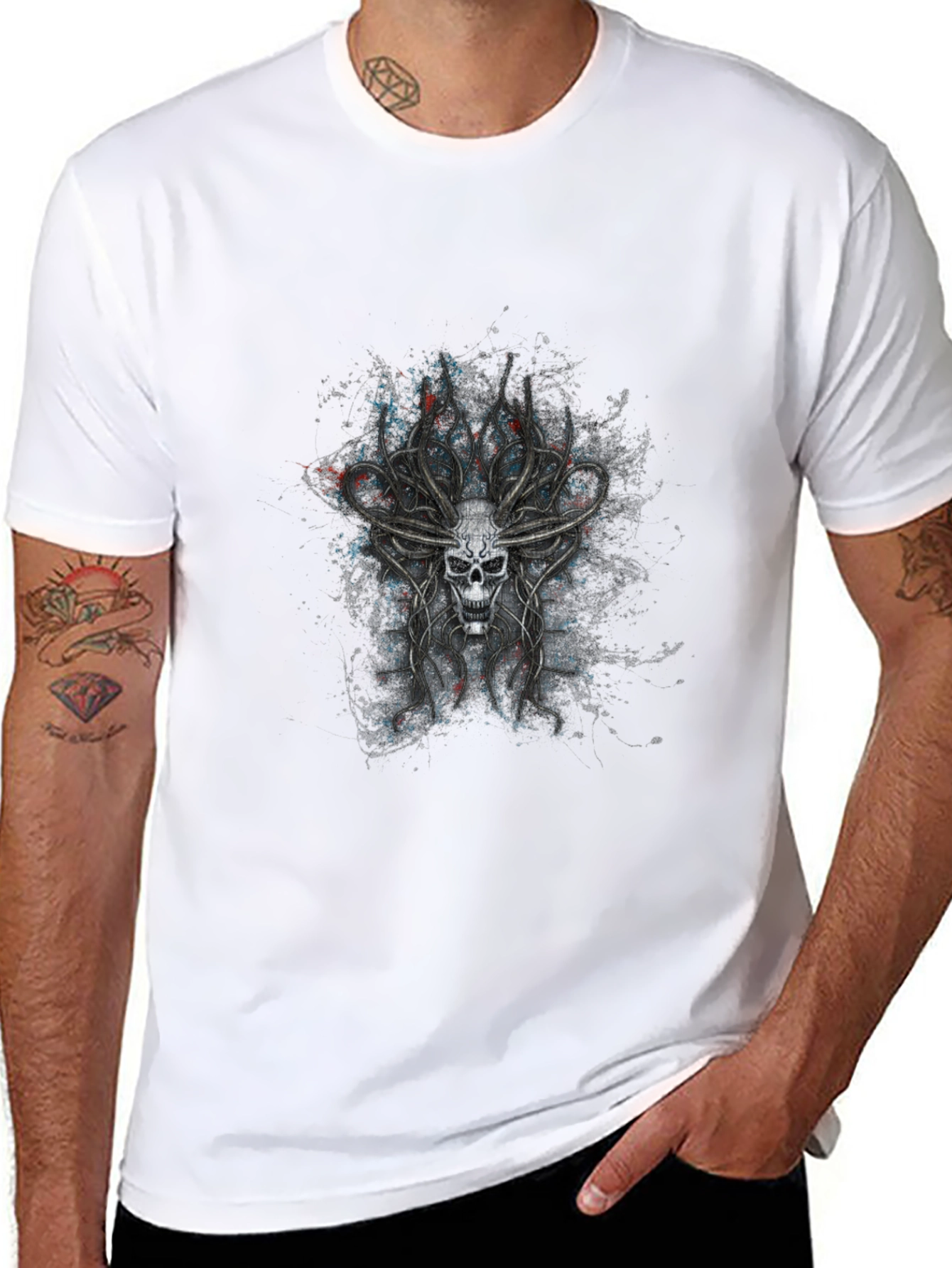 Skull Antler Graphic Print Black T-Shirt