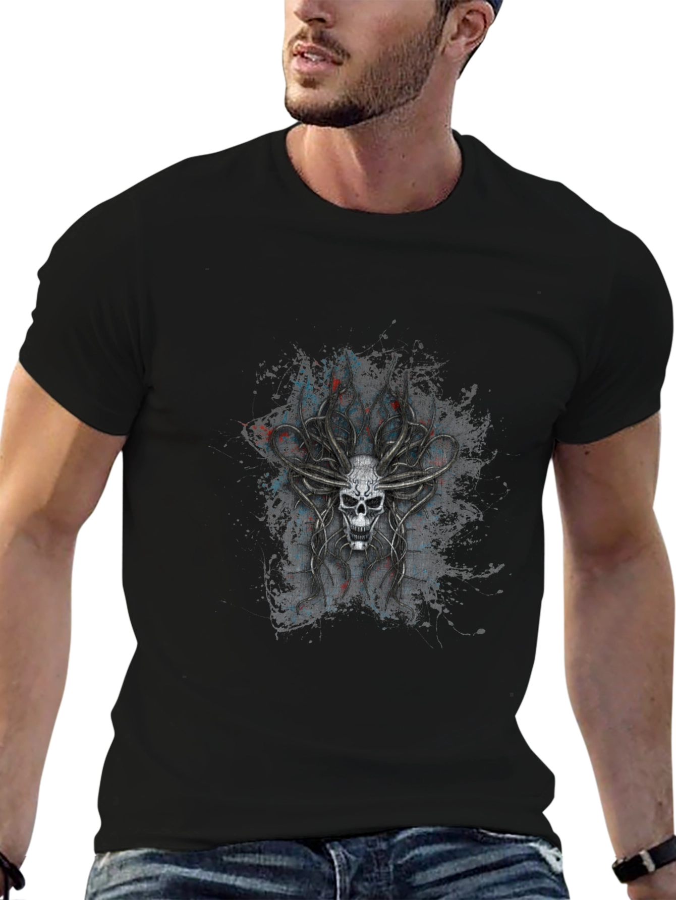 Skull Antler Graphic Print Black T-Shirt