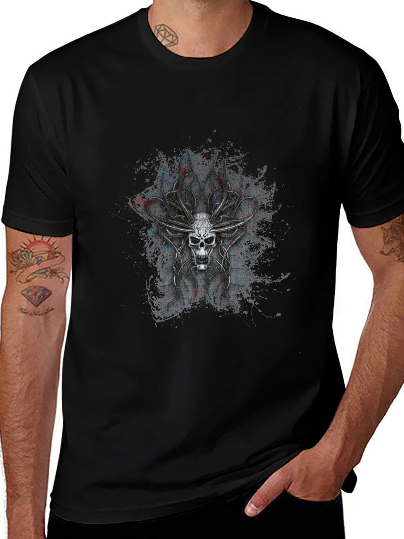 Skull Antler Graphic Print Black T-Shirt