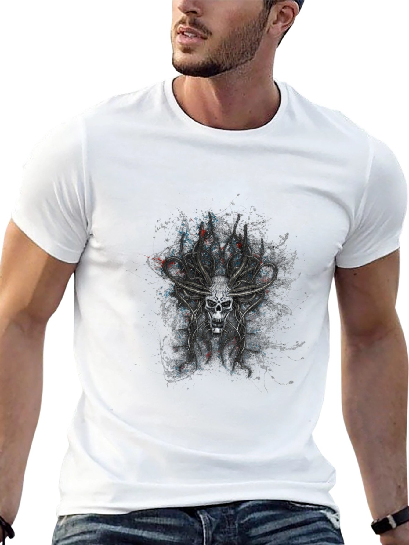 Skull Antler Graphic Print Black T-Shirt