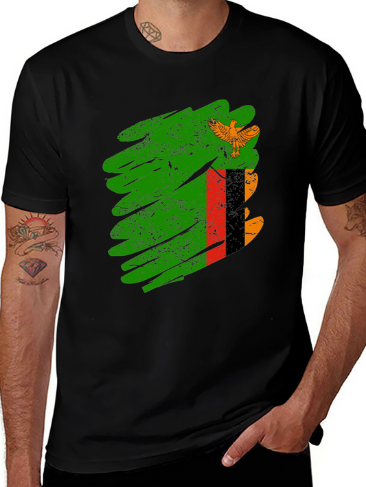 Zambia Flag Brush Stroke T-Shirt - Black Crew Neck Tee