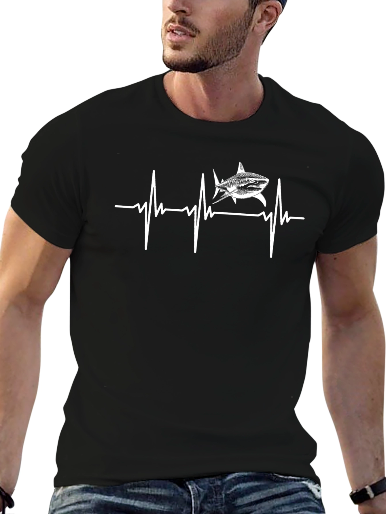 Shark Heartbeat Graphic Tee - Black Cotton T-Shirt