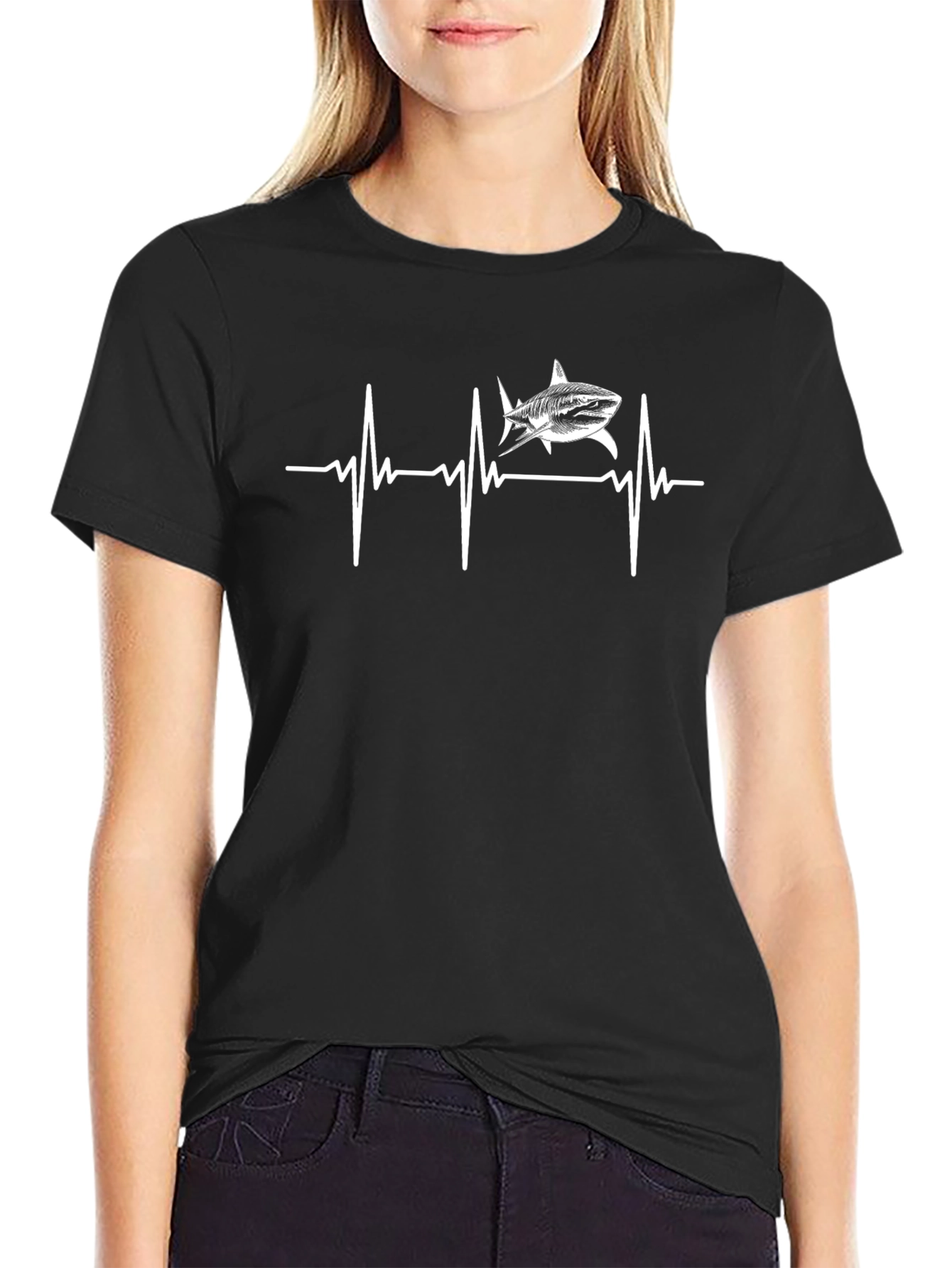 Shark Heartbeat Graphic Tee - Black Cotton T-Shirt