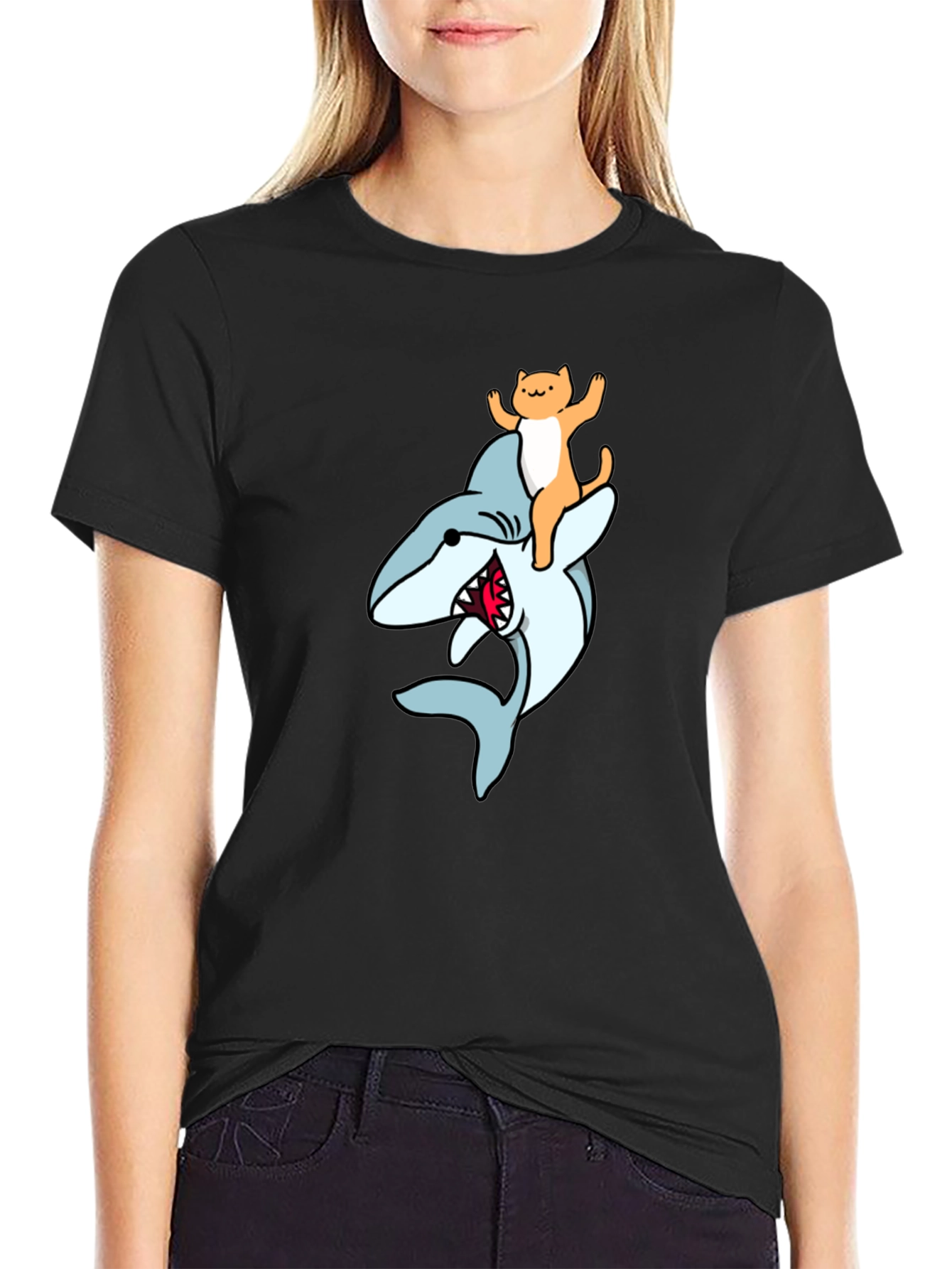 Cat Riding Shark Graphic Tee - Black