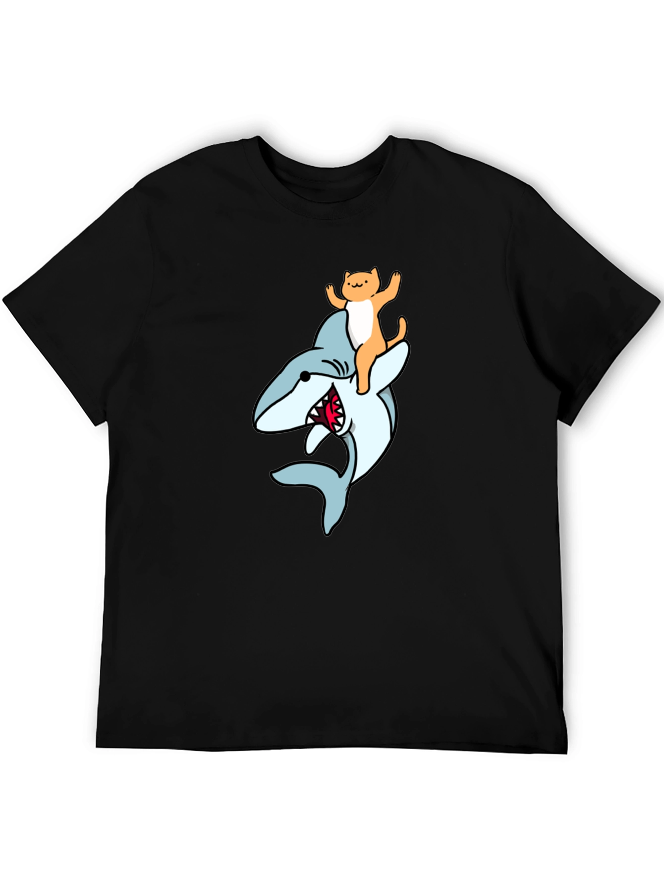 Cat Riding Shark Graphic Tee - Black