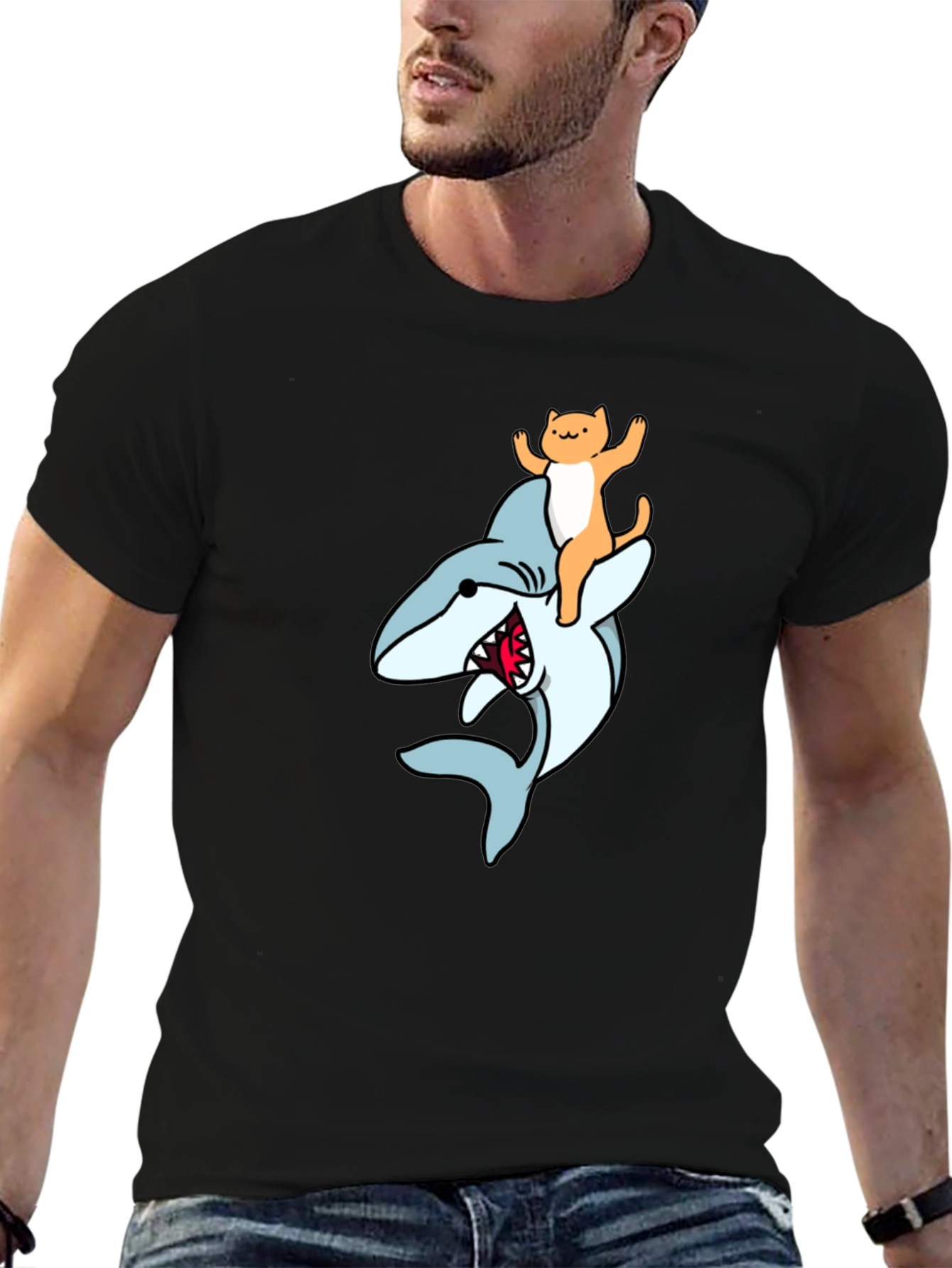 Cat Riding Shark Graphic Tee - Black