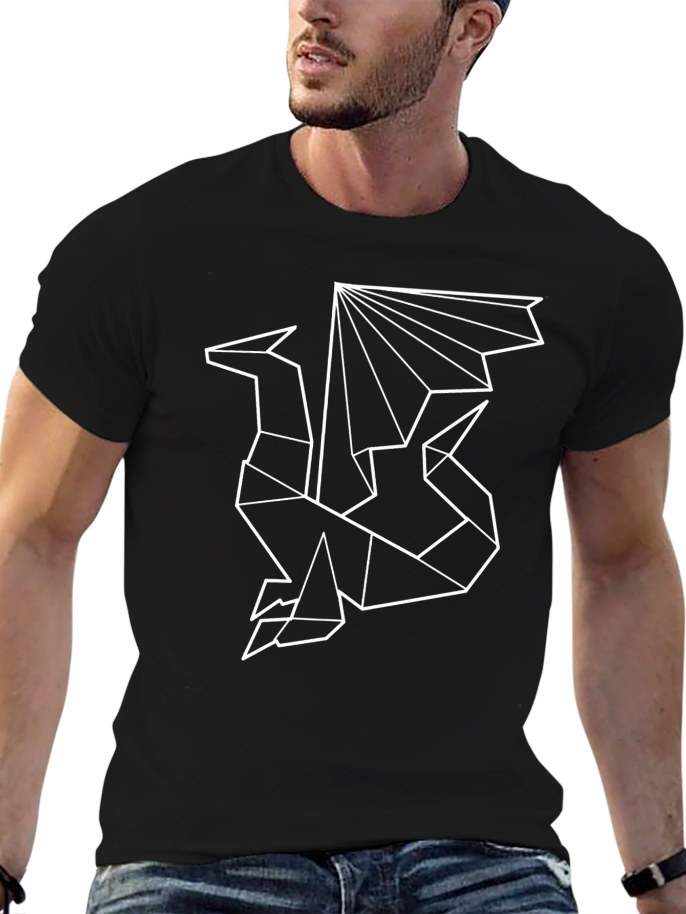 Geometric Dragon Graphic Tee - Stylish Mens Black T-Shirt