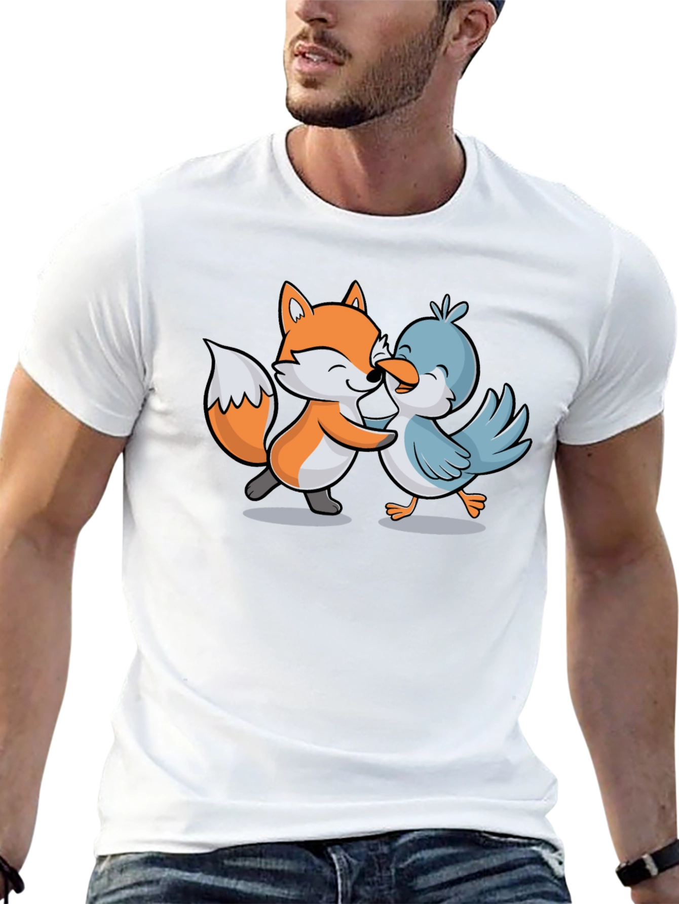 Fox & Bird Hugging Graphic Tee - Black