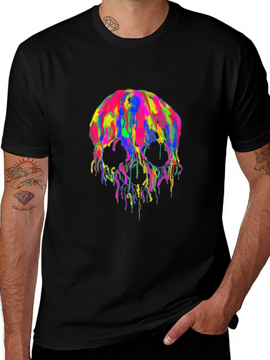 Colorful Dripping Skull Graphic Tee - Black