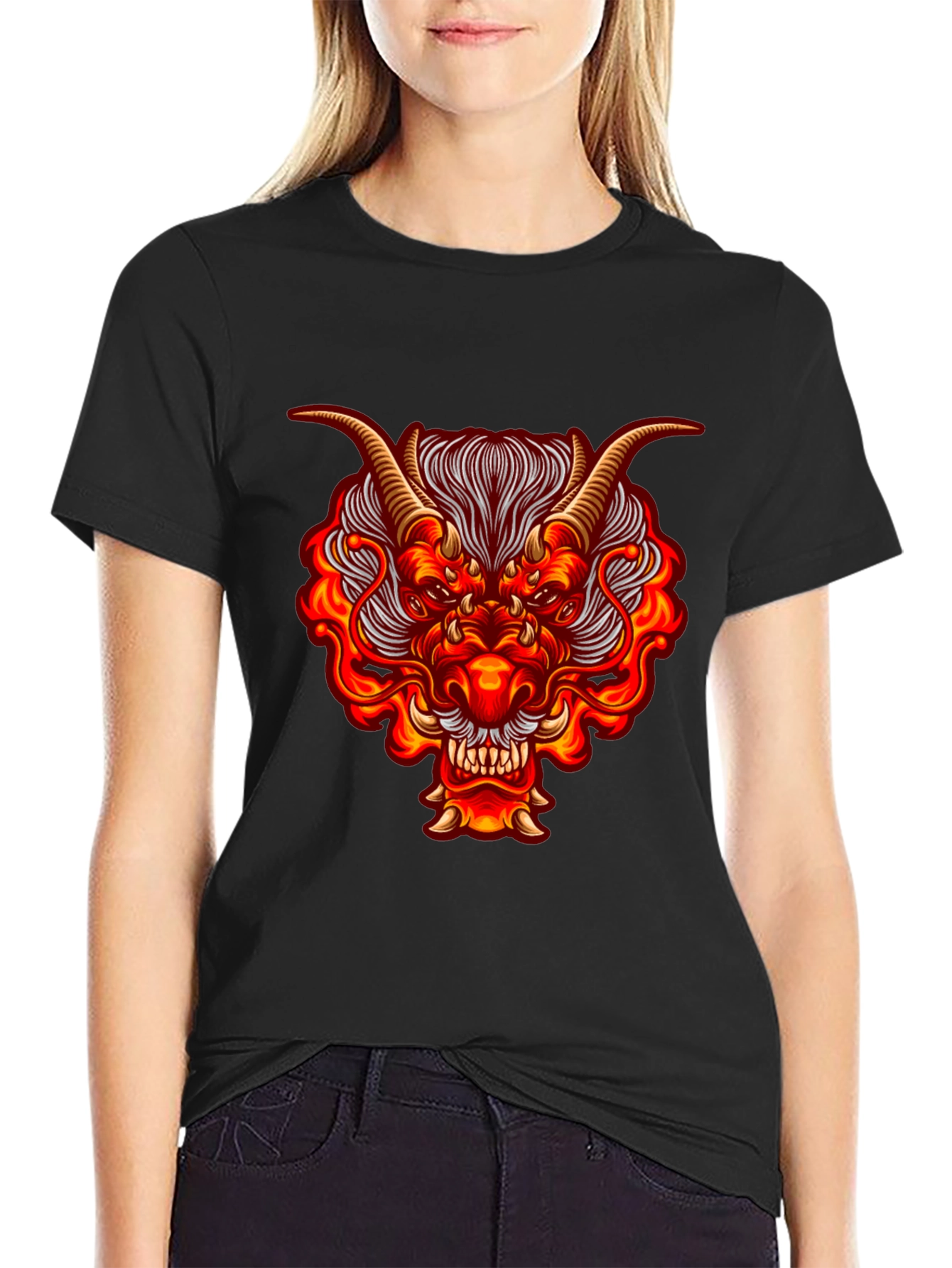 Fiery Dragon Graphic Tee - Bold Black Cotton Shirt