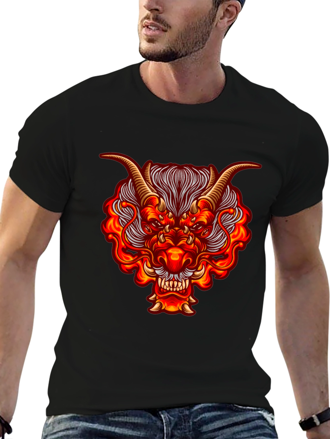Fiery Dragon Graphic Tee - Bold Black Cotton Shirt