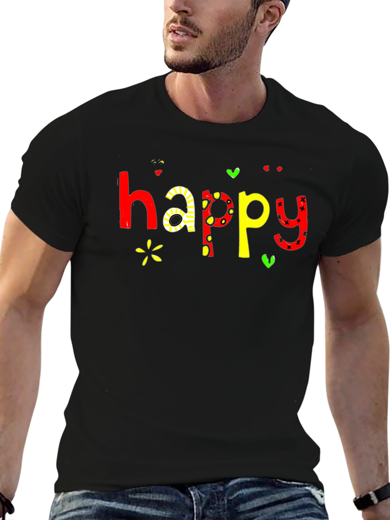 Happy Graphic Print Black T-Shirt