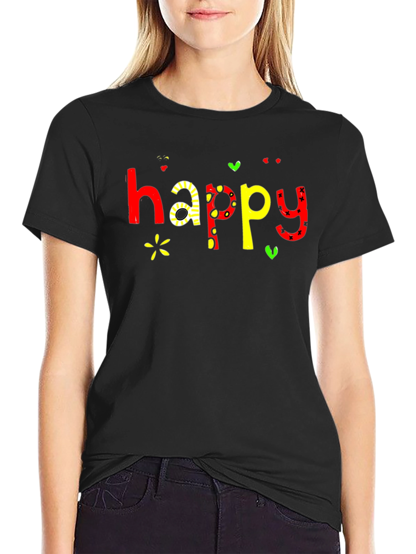 Happy Graphic Print Black T-Shirt