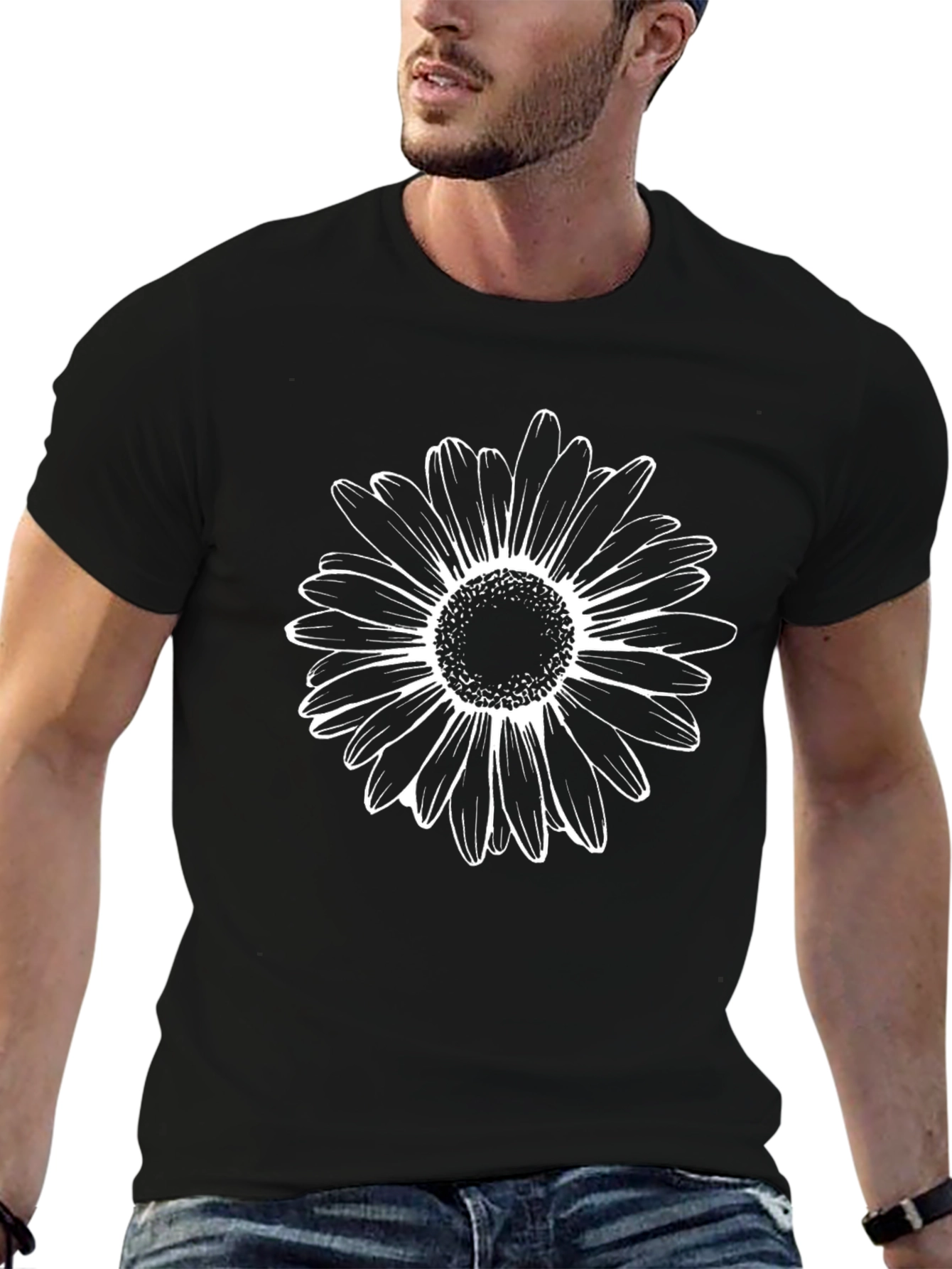 Black T-Shirt with White Daisy Graphic