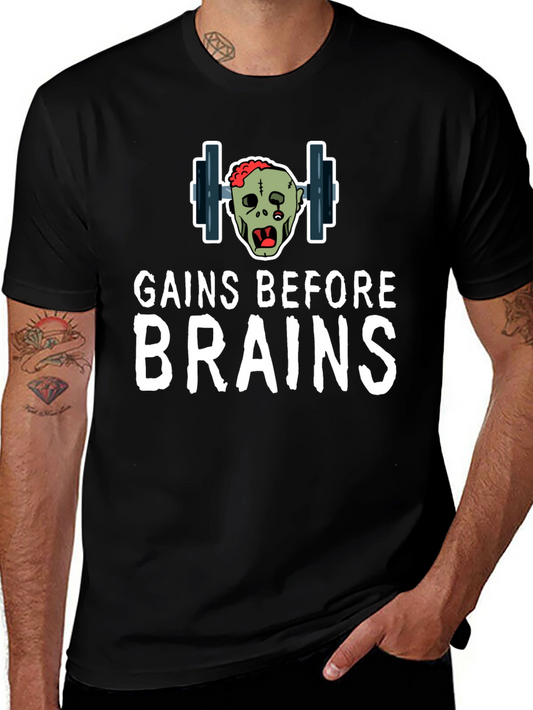 Gains Before Brains Zombie Gym T-Shirt