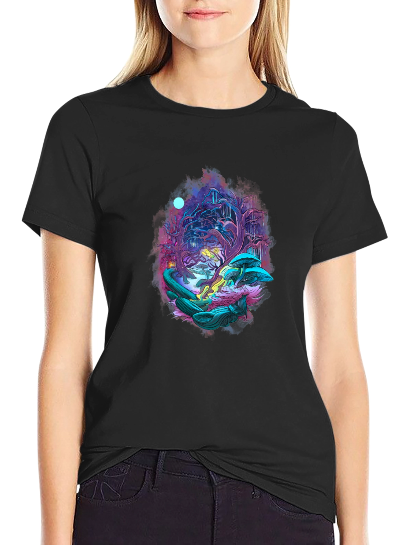 Mystical Forest Graphic Tee - Black Cotton Blend
