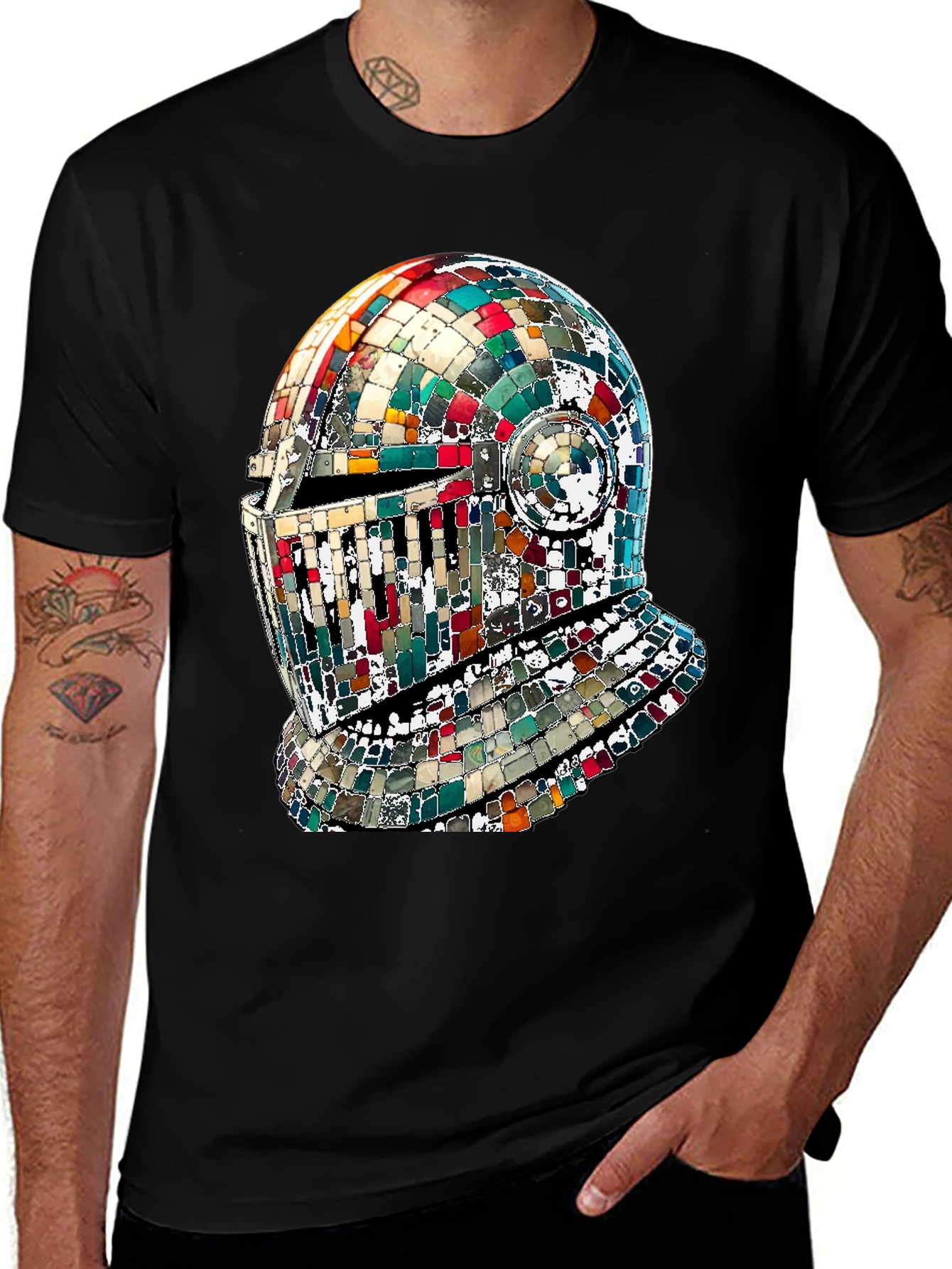 Mosaic Knight Helmet Graphic T-Shirt - Black