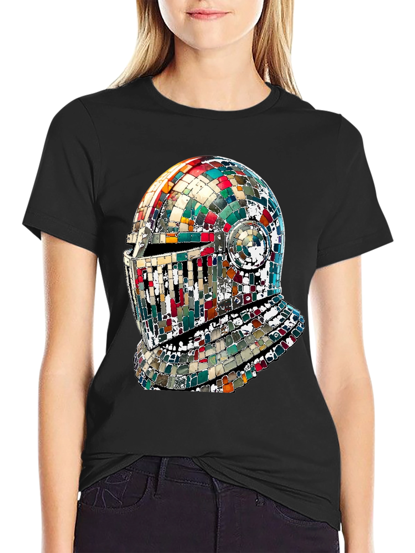Mosaic Knight Helmet Graphic T-Shirt - Black