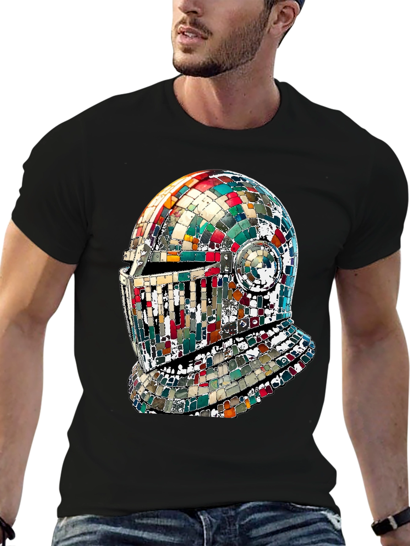 Mosaic Knight Helmet Graphic T-Shirt - Black