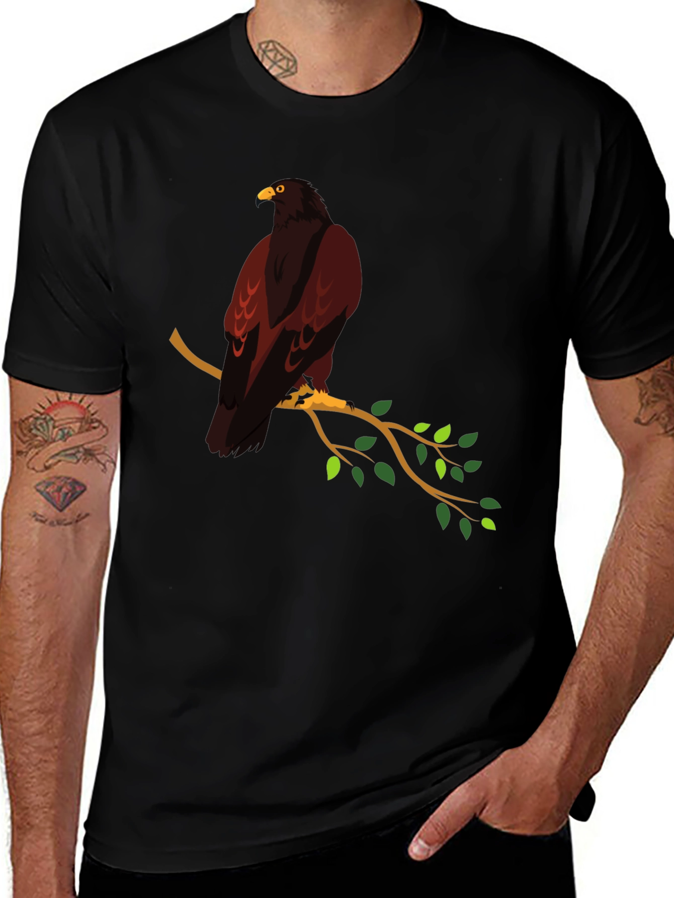 Eagle Perched on Branch Graphic T-Shirt - Black