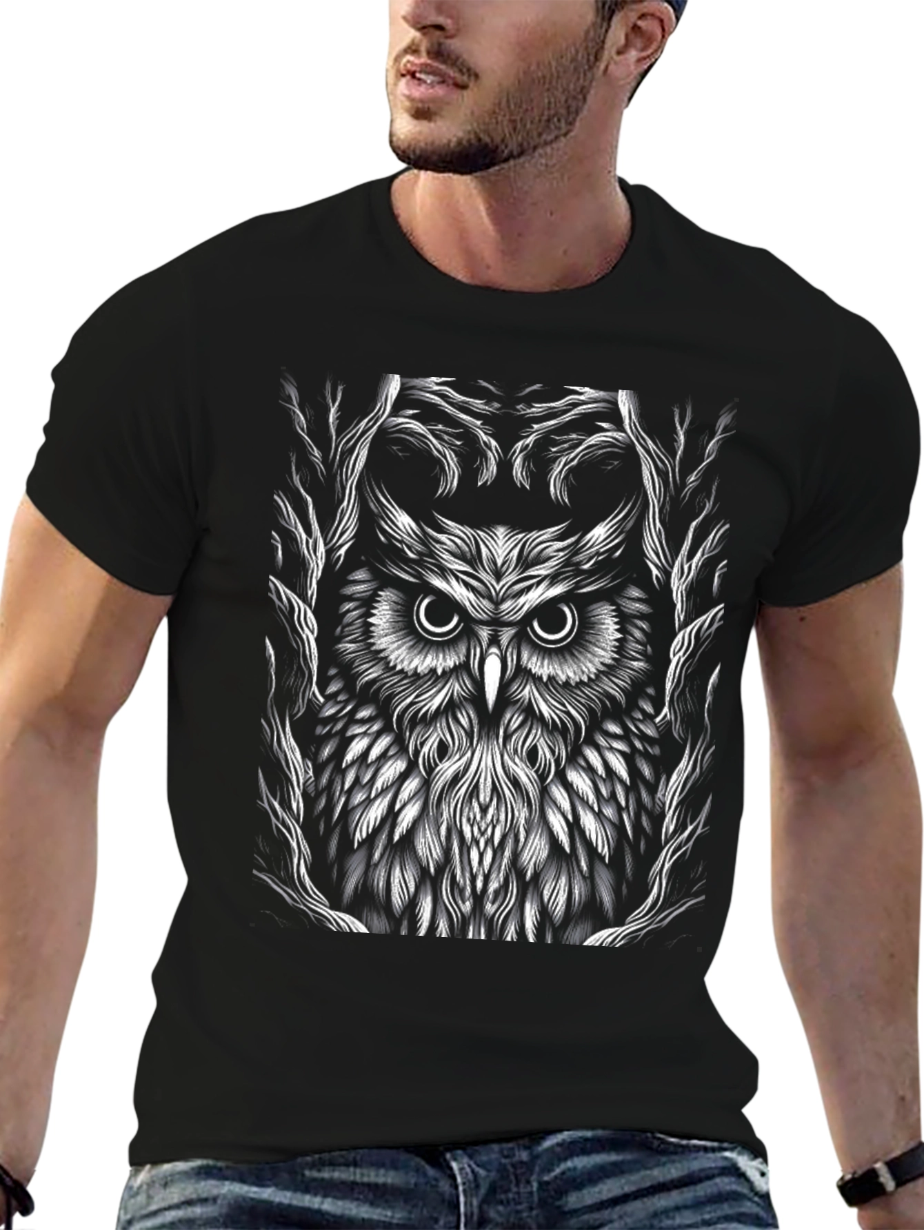 Owl Graphic Tee - Black Cotton T-Shirt
