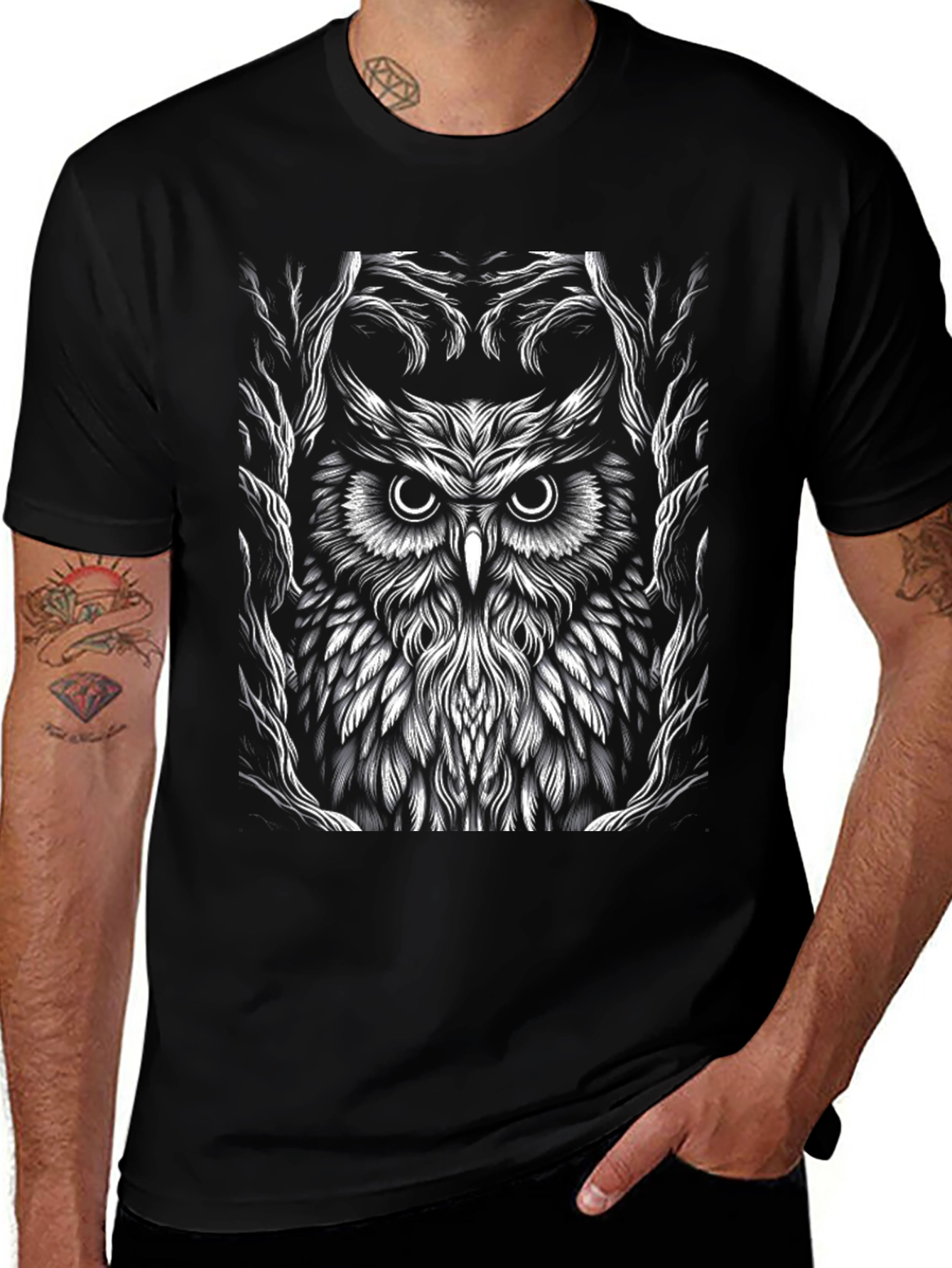 Owl Graphic Tee - Black Cotton T-Shirt