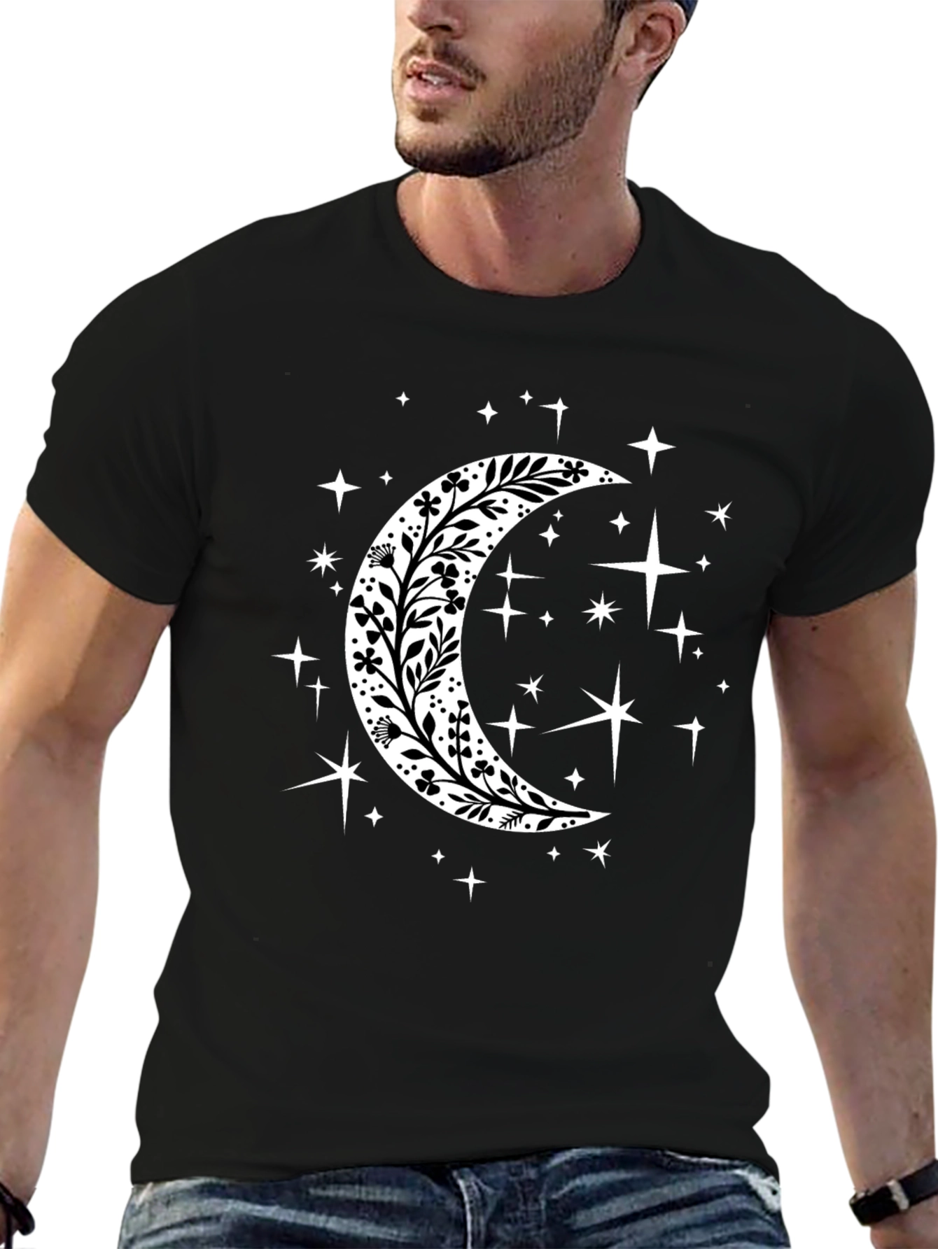 Floral Crescent Moon Starry T-Shirt