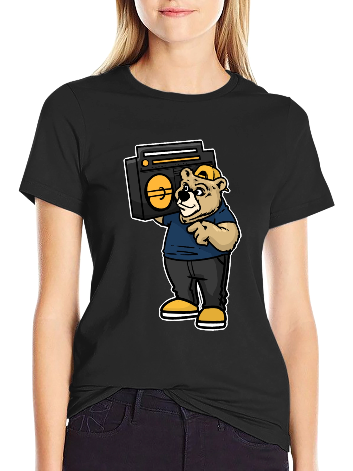 Bear Holding Boombox Graphic Tee - Black