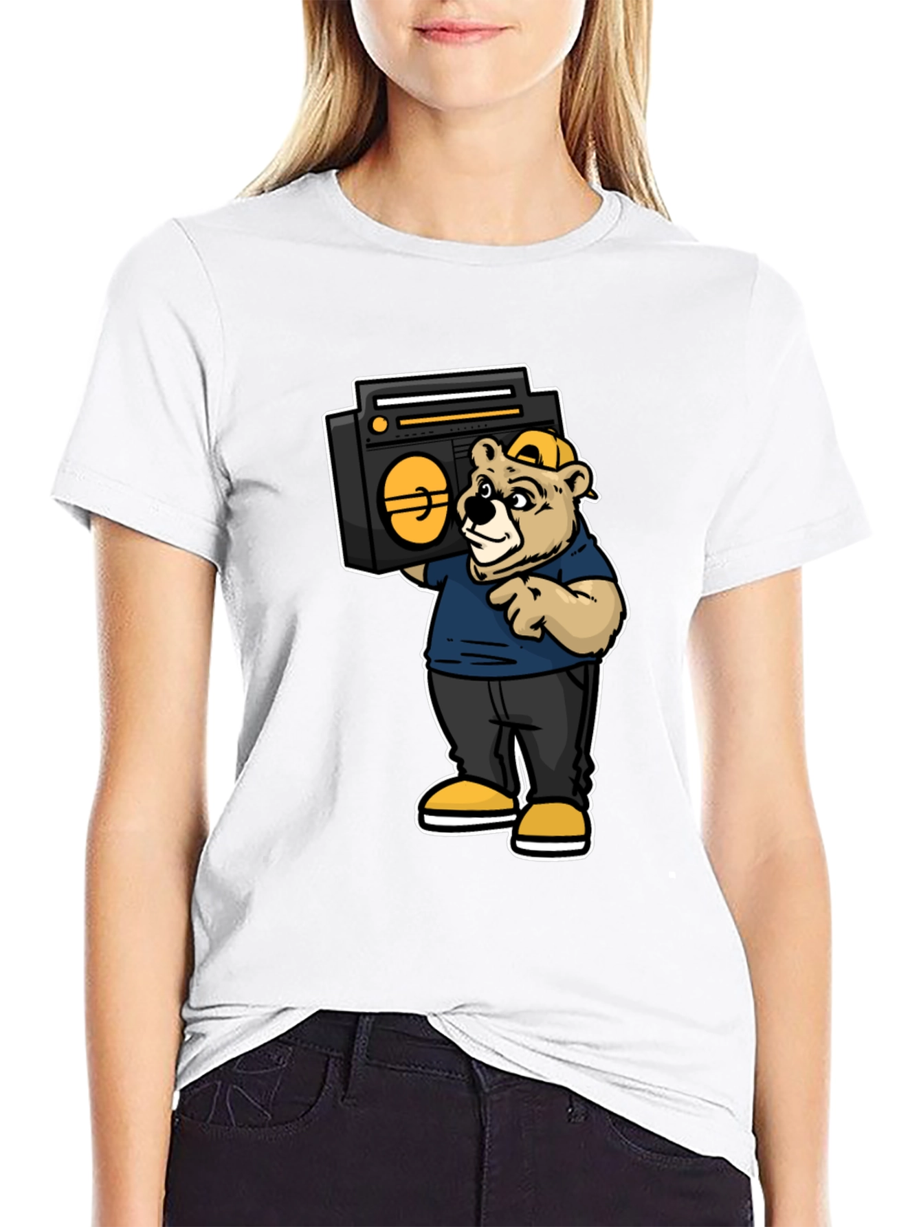 Bear Holding Boombox Graphic Tee - Black