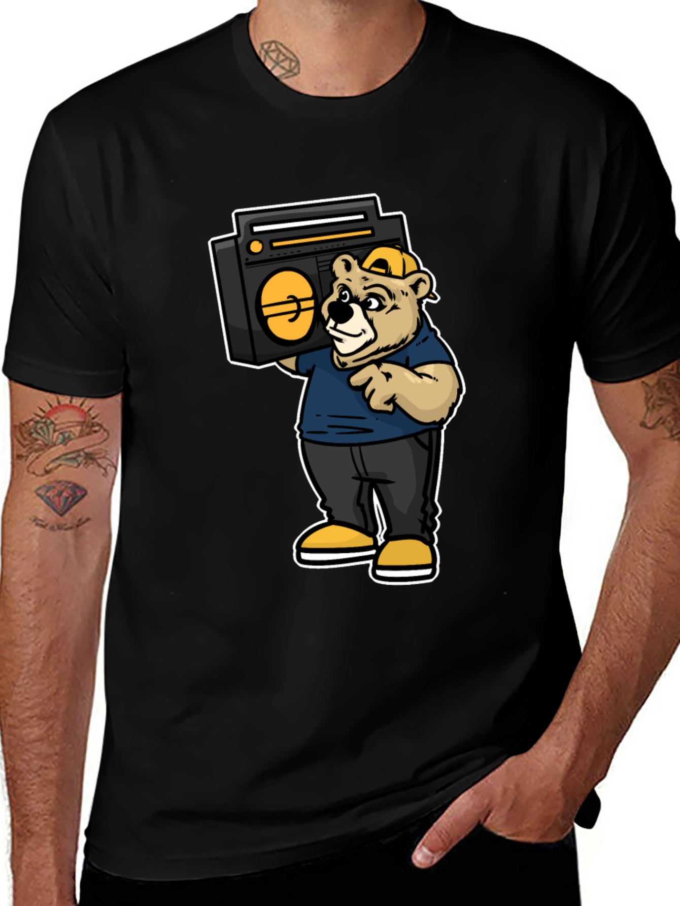 Bear Holding Boombox Graphic Tee - Black